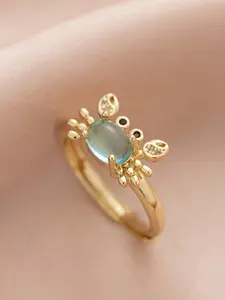 1pc Cute Summer Ocean Style Adjustable Kawaii Crab Open Ring, Gold Tone with Light Blue Glass, Perfect Summer Jewelry Accessory for Women Girls Beach Vacation Summer Outfit
