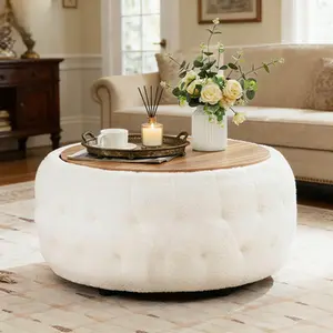 30.5" Round White Teddy Fabric Ottoman, Wood Tray + Hidden Storage, Multi-Functional Coffee Table/Footrest for Home Living Room