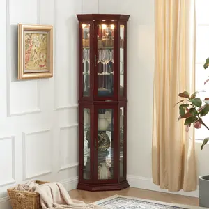 Dreamzon Corner Curio Cabinet with Lights, Adjustable Tempered Glass Shelves, Mirrored Back, Display Cabinet,Cherry (E26 light bulb not included)