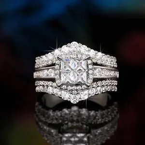 Synthetic Cubic Zirconiaia Simulation Ring Double Layer 2-In-1 Super Flash Ring Square Patchwork Crown Ring, for Teenager