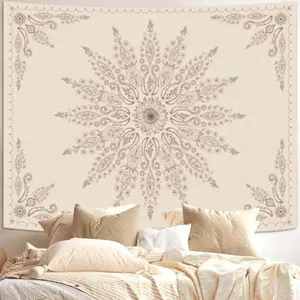 Boho Floral Mandala Tapestry for Bedroom Aesthetic Bohemian Flower Wall Tapestry Beige Hippie Indian Small Tapestries Wall Hanging for Living Room Dorm Decor Lightweight Decoration