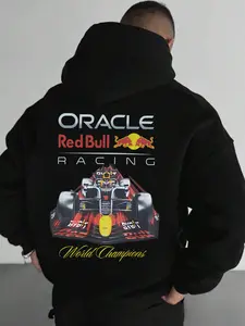 Men's Car & Letter Print Drop Shoulder Hoodie, Casual Sports Hoodie, Fashion Casual Regular Fit Drawstring Pocket Hooded Sweatshirt for Daily Holiday Outdoor Wear, Men's Clothes for Fall & Winter