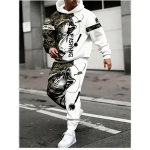 European and American men's digital printed hooded sweatshirt+pants set - salmon print camouflage splicing, fashionable running casual two-piece set