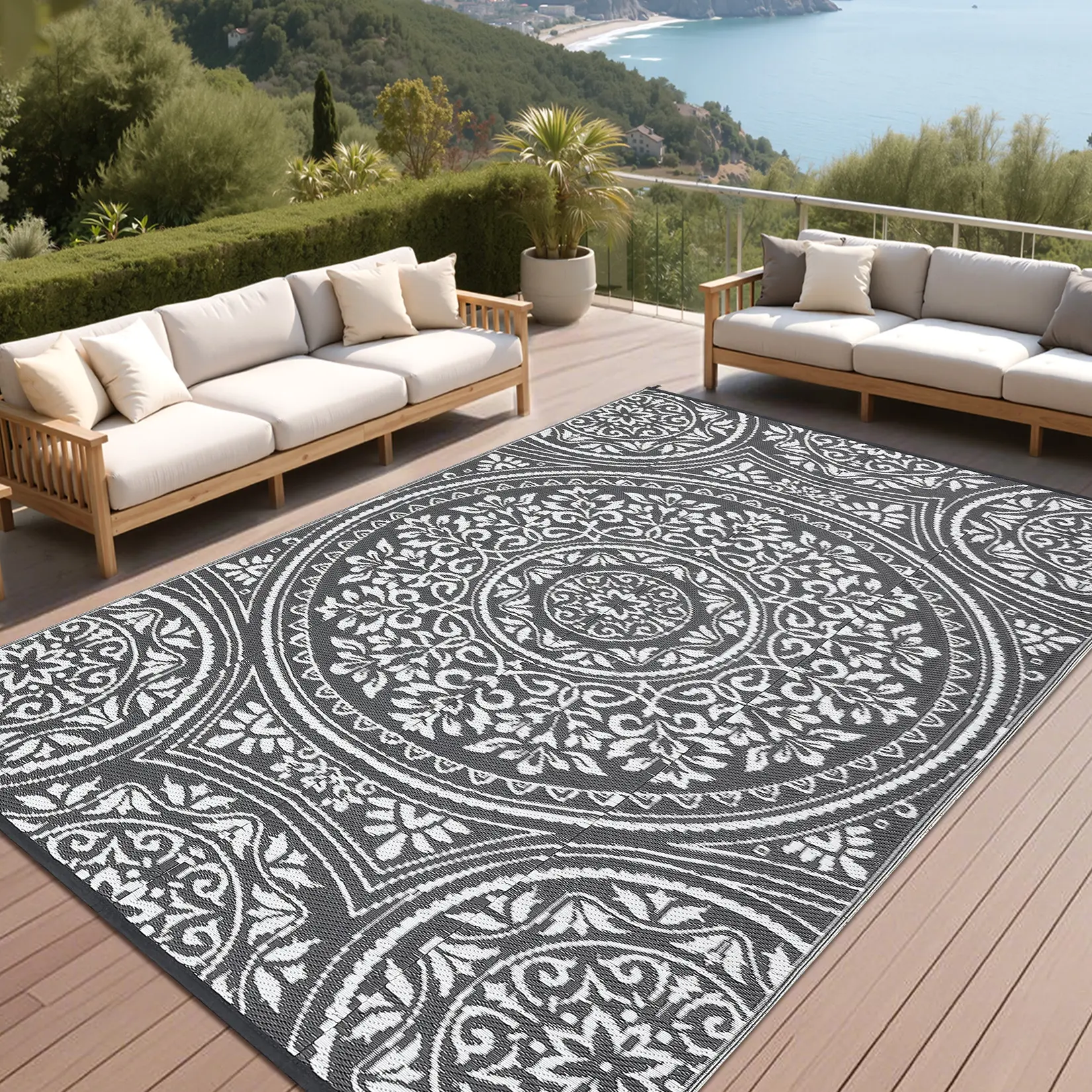 Retro Print Outdoor Rug Reversible Plastic Straw Woven Outdoor Rug Washable and Foldable for RV Camping Backyard Picnics Beach Patio Garden