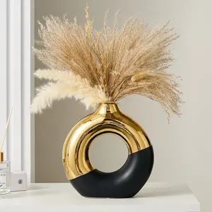 Ceramic Donut Vase, 8" L x 8" Black and Gold Round Vase for Pampas Grass, Nordic Modern Vases for Decor, Ceramic Vase Centerpieces for Wedding, Bedroom, Living Room, Coffee Table, Office