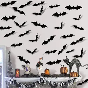 Pack of 60 pcs - Halloween 3D Bats Decoration Pack of Realistic PVC Scary Black Bat Stickers 4 Sizes for Home DIY Wall Decal Indoor Party Supplies
