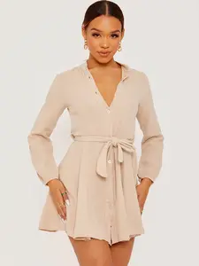 Simple & Cute Shirt Dress - Machine Washable Beige Long Sleeve Button Down with Belt Women's Fashion