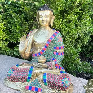 Buddha Statue with Colorful Mosaic Design, Gold Finish, and Peaceful Pose for Home Decor