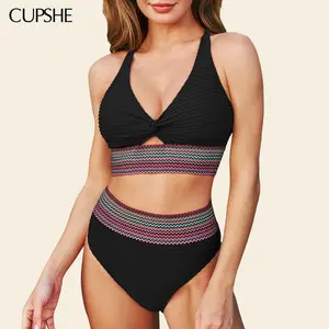 CUPSHE TikTokShopSpringGlowUp Black Keyhole Bikini Top & High-Waisted Bottoms Set Front Keyhole High-Rise Swimwear Removable Soft Cups Swimwear Classic Bum Coverage Swimsuit Bikinitime