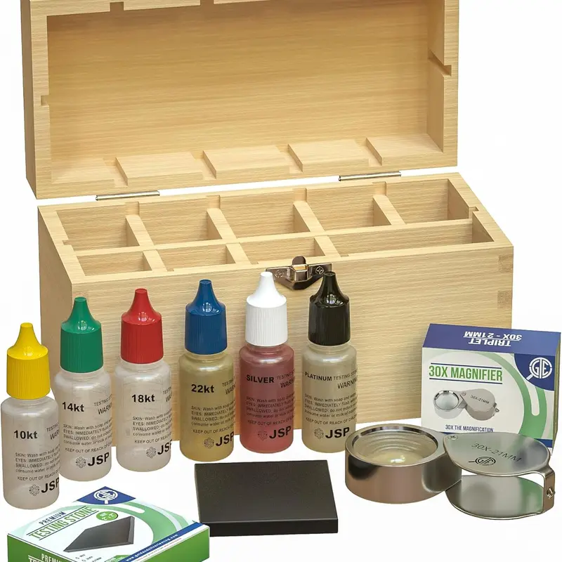 JSP Solutions Professional Jewelry Testing Kit - 30X Eye Loupe Magnifier, 2"x2" Rubber-Backed GTE Scratch Test Stone for 10K,14K,18K,24K,999 Gold,Silver,Platinum Scrap, Bamboo Wood, Large Bamboo Box Storage, Accurate Tests (DIY Beading & Jewelry Making)