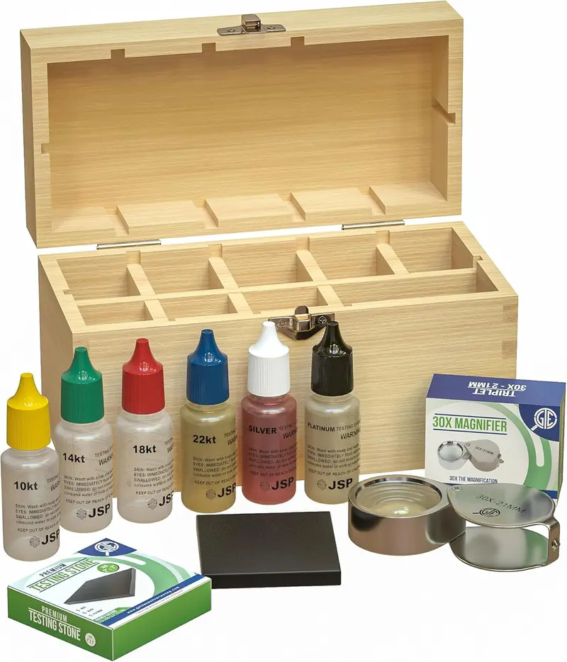 Professional Gold Silver Platinum Jewelry Testing Kit with 30X Eye Loupe Magnifier & GTE 2"x2" Scratch Test Stone for 10K 14K 18K 24K 999 925 Scrap