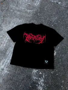 UnisexGothic Style Y2K Death Metal Font Print T-Shirt, Loose Fit Short Sleeve, Streetwear Casual Top for All Seasons