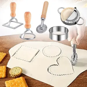 5Pcs Manual Pasta Makers Set with Wood Handle,Durable Stainless Steel Wonton Knife,Noodle Pressing Wheel,Dumpling Molds for Easy & Comfortable Grip,Handheld Pasta Making Tools for Homemade Cooking summervibes