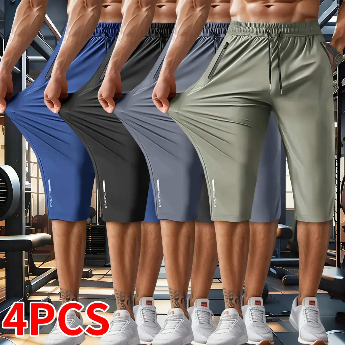 Pack of 4 men’s stretch ice silk athletic shorts with a drawstring elastic waistband and moisture-wicking pockets-suitable for running, gym workouts, casual wear, and outdoor activities., Elastic Shorts Set, Side Pocket Shorts,father'sdaygifts