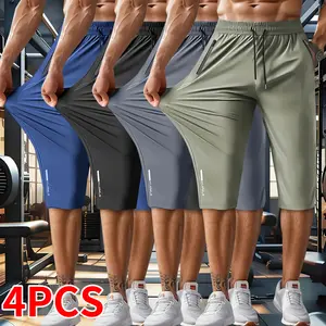 Pack of 4 men’s stretch ice silk athletic shorts with a drawstring elastic waistband and moisture-wicking pockets—suitable for running, gym workouts, casual wear, and outdoor activities., Elastic Shorts Set, Side Pocket Shorts