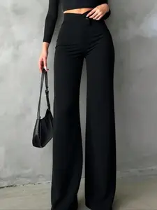 Black high-waisted wide-leg pants with button decorations, drapey, minimalist style, Casual, slimming commuter trousers