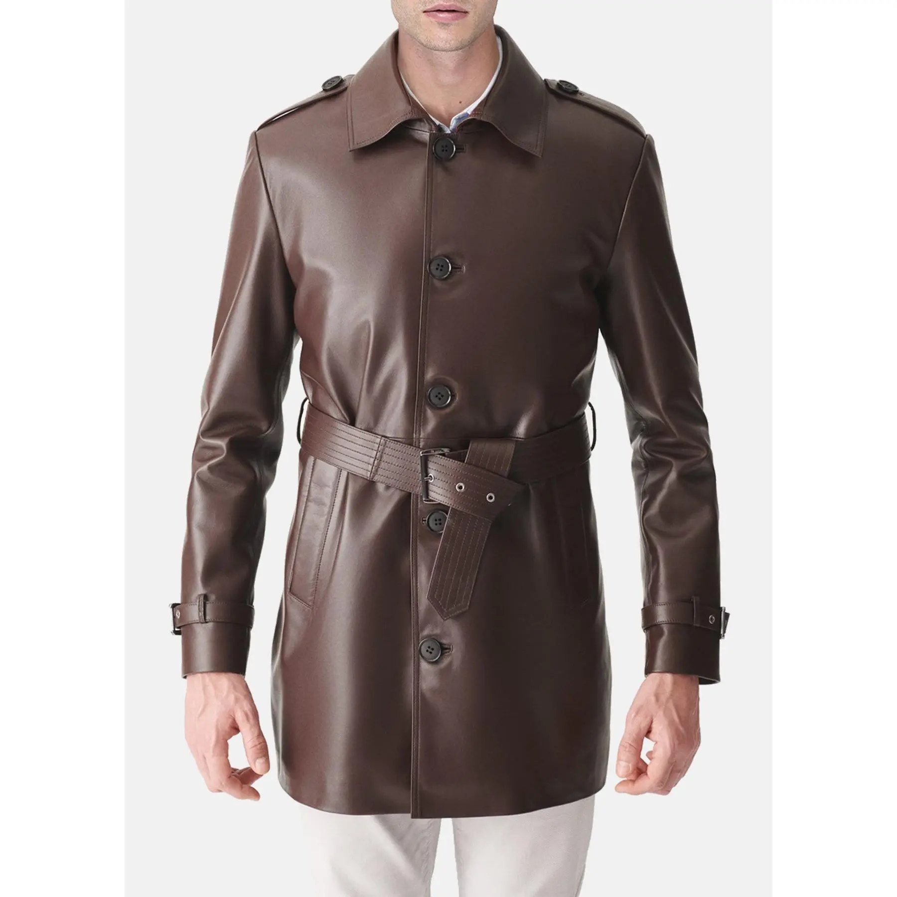 Mens Shiny Brown Mid-Length Leather Coat