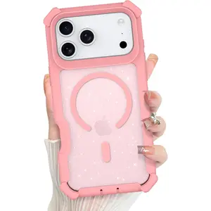 for iPhone17 Air /promax Case 2025, Sparkly Glitter Bling Back, Magnetic Support for MagSafe Shockproof Cover, Crystal and Corner High-Duty Protection for Girls Women -Pink