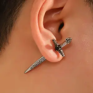 Men's Unique Stainless Steel Sword-Shaped Spiral Earrings Vintage Punk Style Piercing Ear Jewelry for Bold Fashionistas