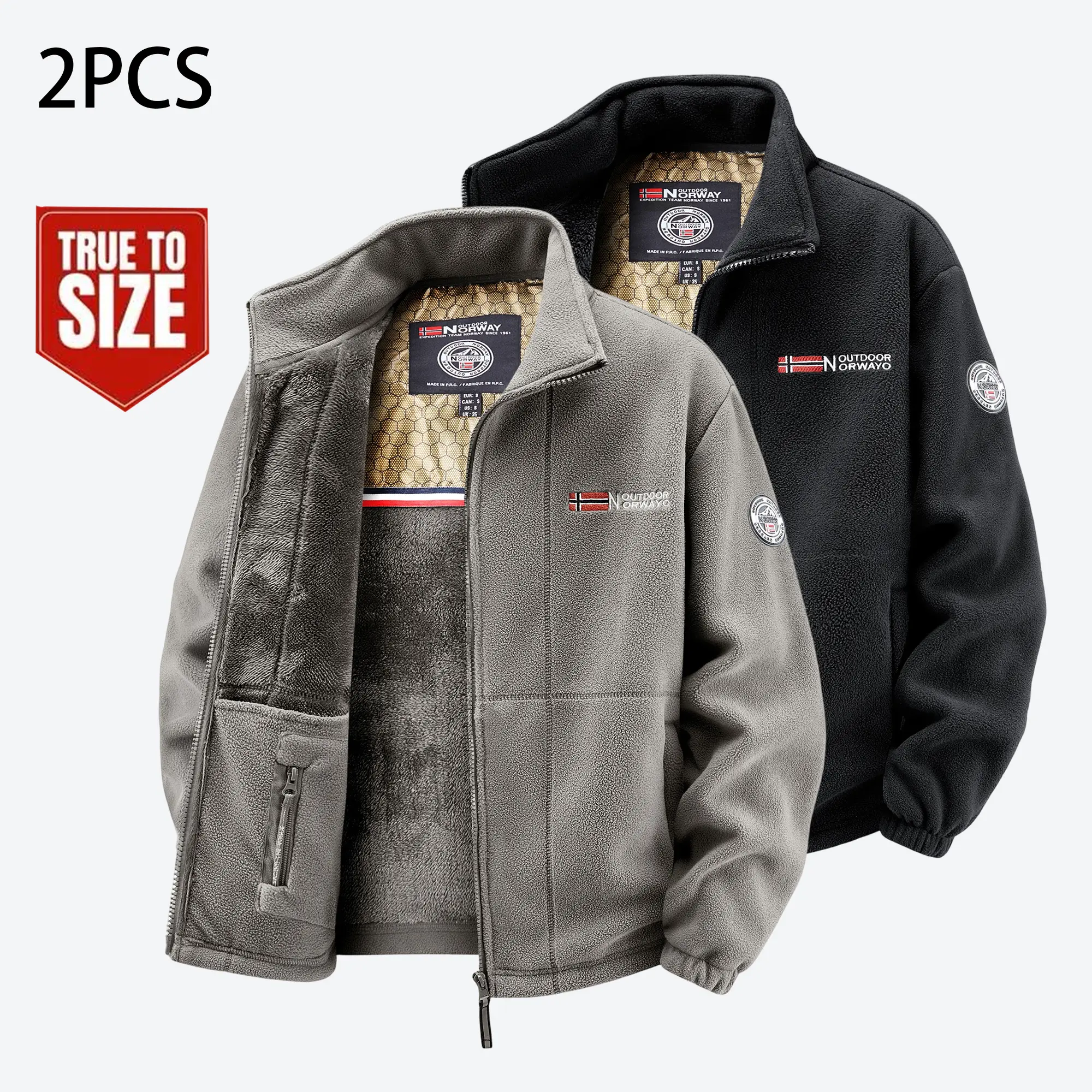 Men’s winter fleece jacket with a stand collar design, thickened for warmth, zip closure, machine washable, skin-friendly fabric, classic solid color design.