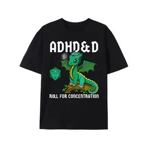🐉[Graphic Tee]Cotton Printed Men's T-Shirt| ADHD&D Roll For Concentration Featuring Cute Dragon| Funny RPG Shirt for Gamers| Cute and Quirky Design| Unisex Short Sleeve Top| Perfect Gift for D&D Fans & ADHD Awareness