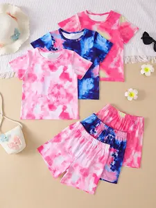Six-Piece Girls' Casual Animal Print Set, Short Sleeve T-Shirts and Shorts, Loose-Fitting Summer, Colorful Tie-Dye Design