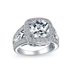 Art Deco Style 3CTW CZ Halo Cushion Cut Solitaire Engagement Ring .925 Sterling Silver Cubic Zirconia