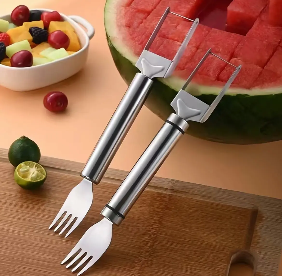 Watermelon Fork Slicer, Watermelon CubeCutter Tool, 2-in-1 Stainless Steel Fruit Cutter, DualHead Fruit Forks Slicer Knife with Round Handle, FruitCutting Kitchen Utensils, Portable Modern #summervibes