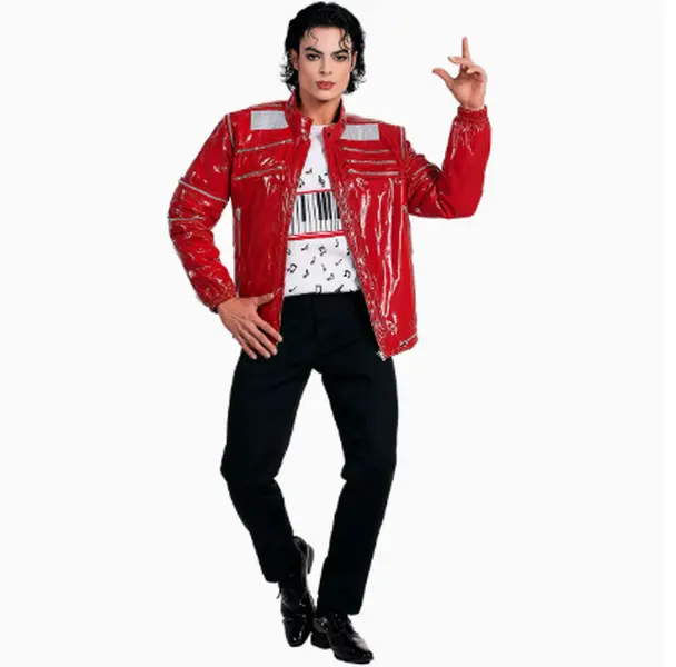 Men’s glossy red stage costume, iconic pop legend jumpsuit with a shiny finish, classic music performance cosplay outfit for Halloween concerts and themed parties