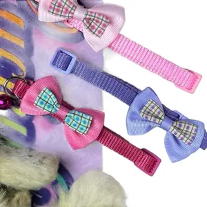 Pet Plaid Bow Bell Adjustable Collar Set - 2 Piece Choice for Small Pets with Plaid Bow and Bell, Available in Pink & Blue, One Size Fits All