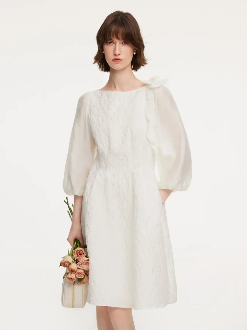 Jacquard Boat Neck Women Midi Dress With Detachable Flower Fit Womenswear
