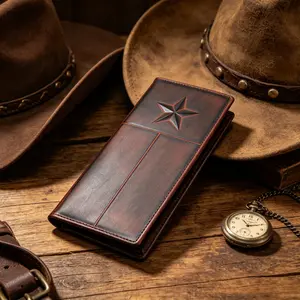 Cowboy Cowgirl Star Embossed Full Grain Leather Checkbook Wallet For Men Vintage Genuine Leather Bifold Long Wallet, Gift For Husband