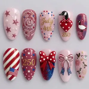 Cute Patriotic July 4th Press on Nails - Luxury 3D Pearl Ribbon Bow Custom False Nails - Pink Stars Stripes America Mascot Statement Nails