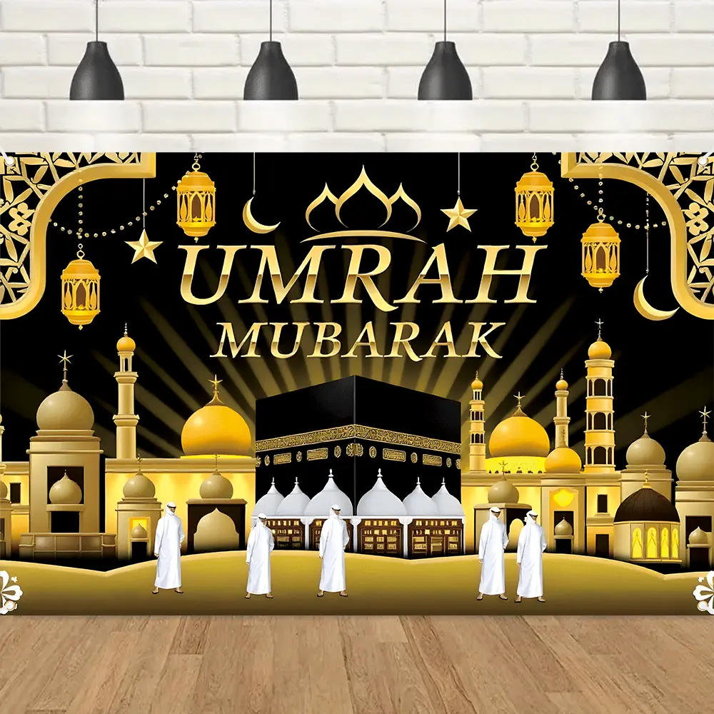 1PC 2D Flat Polyester Umrah Mubarak Backdrop Banner - Reusable Islamic Hajj Mecca Kaaba Decor, Party Decorations Banners for Religious Activities, Happy Birthday Photography Curtain