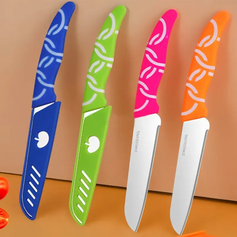 Paring Knife Set of 3 4-Inch 201 Stainless Steel with Cover Sheath Thickened Blade and Handle Kitchen Fruit and Vegetable Cutting