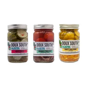 Doux South Artisan Pickle Sampler 3 16 oz Jars Drunken Tomatoes, Sweet Soulshine Pickles and Angry Cukes