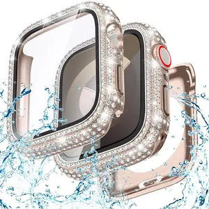 2-in-1 Waterproof Bling Case for Apple Watch Series 9 8 7 Screen Protector 41mm, Glitter Diamond Rhinestone Bumper Face Cover for iWatch 41 mm Accessories Women