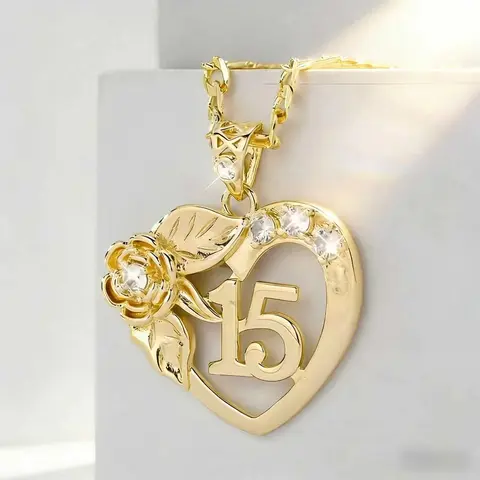 15th Birthday Heart Shaped Necklace - 14k Plated Hollow Copper Flower Pendant Elegant Unisex Jewelry, Luxurious Look Romantic Gifts for Her (1 Key Occasion: Birthday)