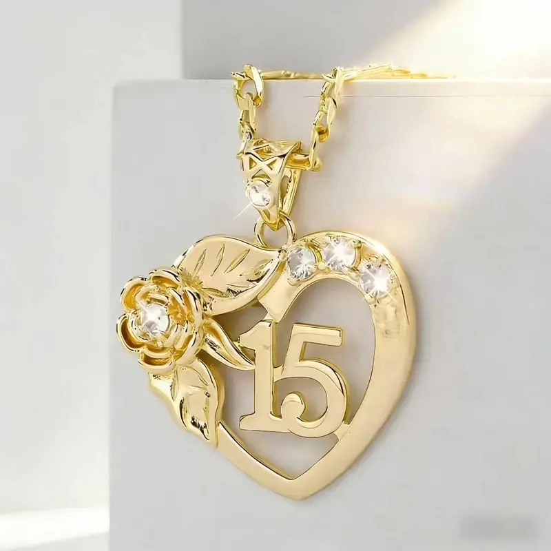 15th Birthday Heart Shaped Necklace - 14k Plated Hollow Copper Flower Pendant Elegant Unisex Jewelry, Luxurious Look Romantic Gifts for Her (1 Key Occasion: Birthday)