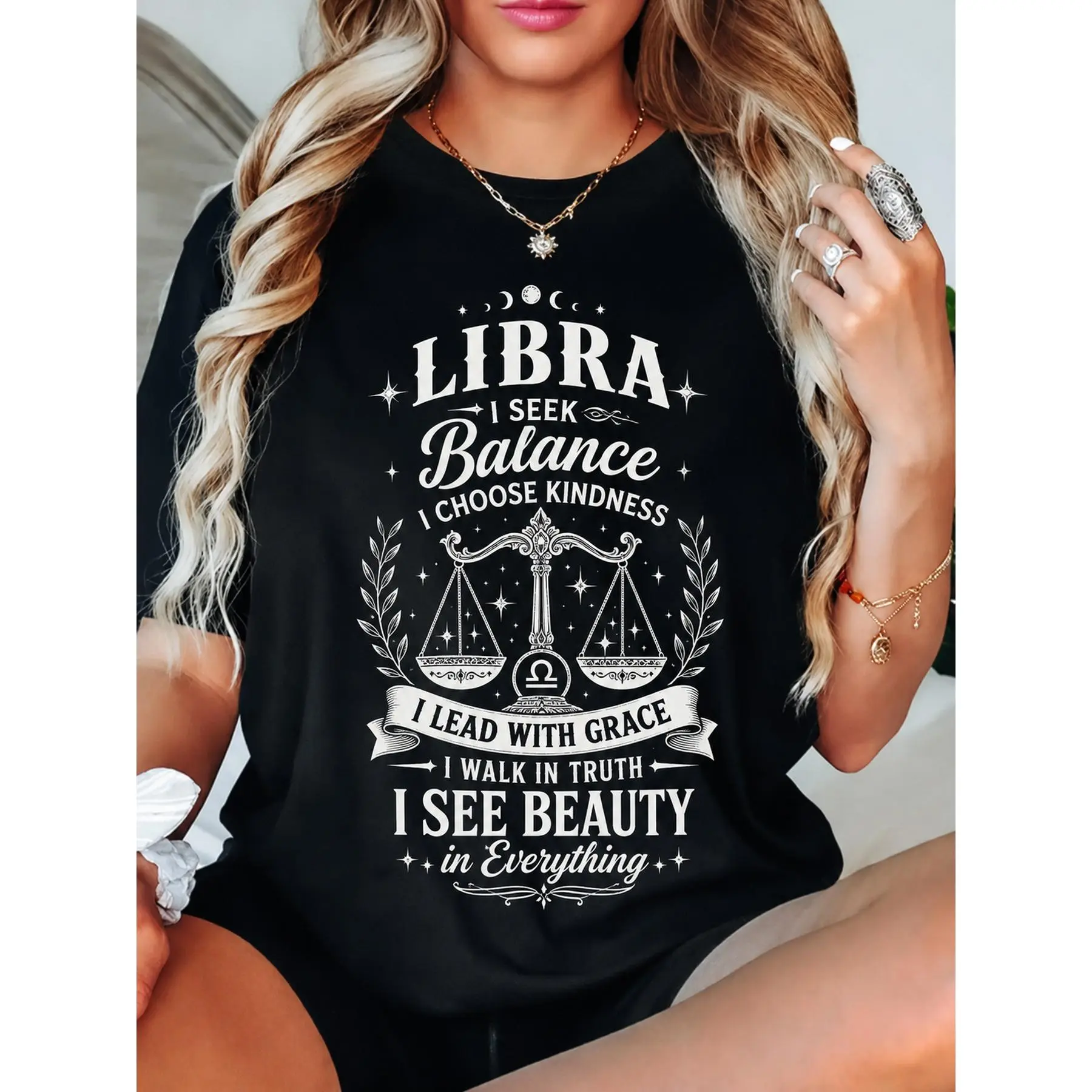 Libra Graphic T shirt, I Seek Balance Letter Print Tee, Short Sleeve Astrology Top, Zodiac Sign Apparel, Trendy Graphic Print Tee, Casual Inspirational Quote Top, Stylish Horoscope Graphic T shirt, Comfortable Short Sleeve Daily Wear