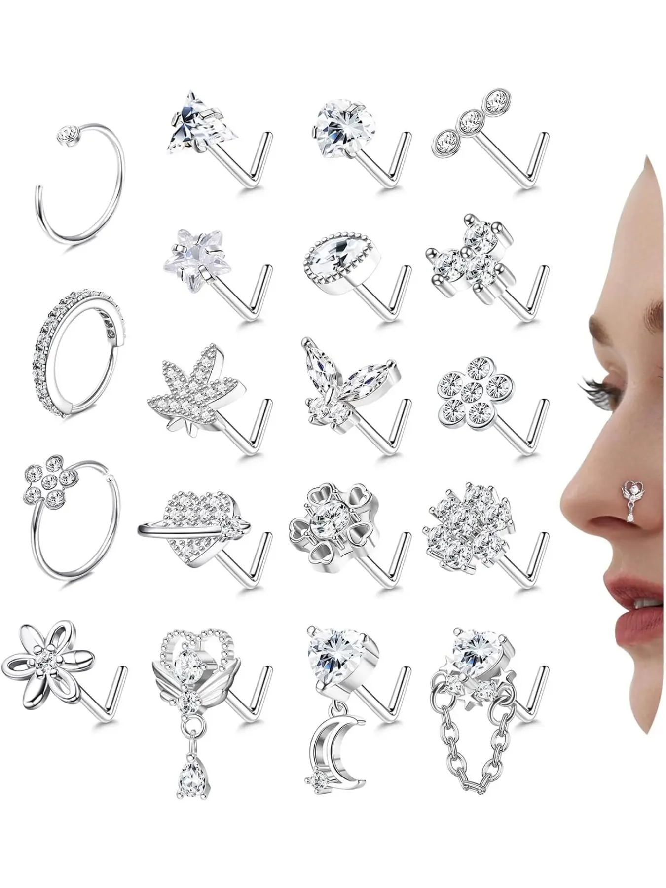 Nose Rings L Shaped Nose Studs Ring Hypoallergenic Stainless Steel Nose Ring-Dangle CZ Cubic Zirconia Butterfly Flower Nose Studs Hoops Piercings Jewelry Gift for Women Men Body Piercing Jewelry 20G Pink/Blue/Clear