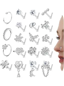 Nose Rings L Shaped Nose Studs Ring Hypoallergenic Stainless Steel Nose Ring-Dangle CZ Cubic Zirconia Butterfly Flower Nose Studs Hoops Piercings Jewelry Gift for Women Men 20G Pink/Blue/Clear