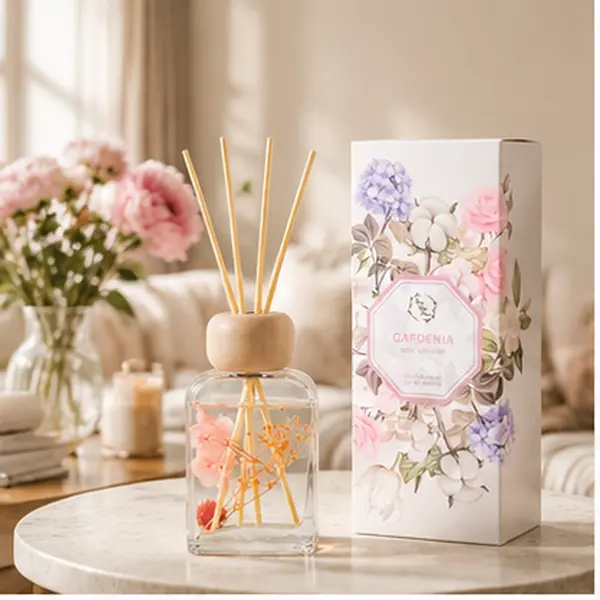 Pretty Valley Home Gardenia Scented Reed Diffuser, 3.4 fl oz Decorative Glass Aroma Diffuser with Natural Sticks, Long Lasting Floral Fragrance for Home, Bathroom, Bedroom & Living Room