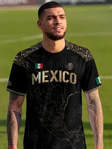 Mexico Heritage Map Soccer Jersey with Golden Aztec Details, Fitted Short Sleeve Design, All-Season Wear, Letter Pattern, Stylish Jersey