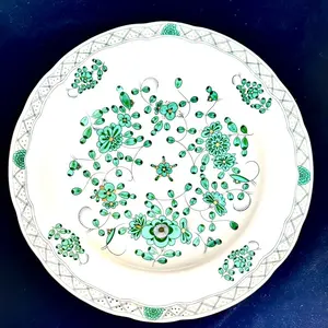 Rare MEISSEN Germany "The Flower of India" Green 12" Large Service Plate - Hand-Painted Blue Crossed Swords - Museum Grade Luxury Porcelain Charger - Oversized Display Piece - Investment Collector's Item