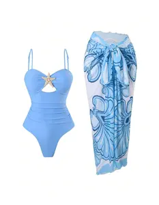 Women's One Piece Swimsuit Starfish Cut Out Ruched Bathing Suit with Sarong Cover Up Skirts - Beach Swimwear for Women, Vacation, Summer, Flattering Fit