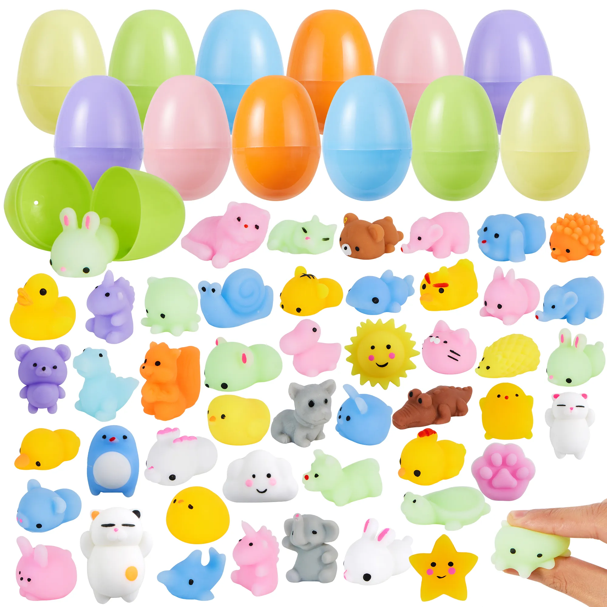 24Pcs/48Pcs 2.36in Pre-filled Easter Eggs Containing Mochi Squishy Toys for Easter Egg Hunt Kids Outdoor Play