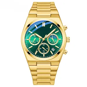 Premium Men's Gold Watch Vintage Green Dial, Multifunctional Chronograph Quartz Wristwatch with Date, Waterproof Luminous Dress Clock, Perfect Luxury Gift for Father Husband Boyfriend with Box