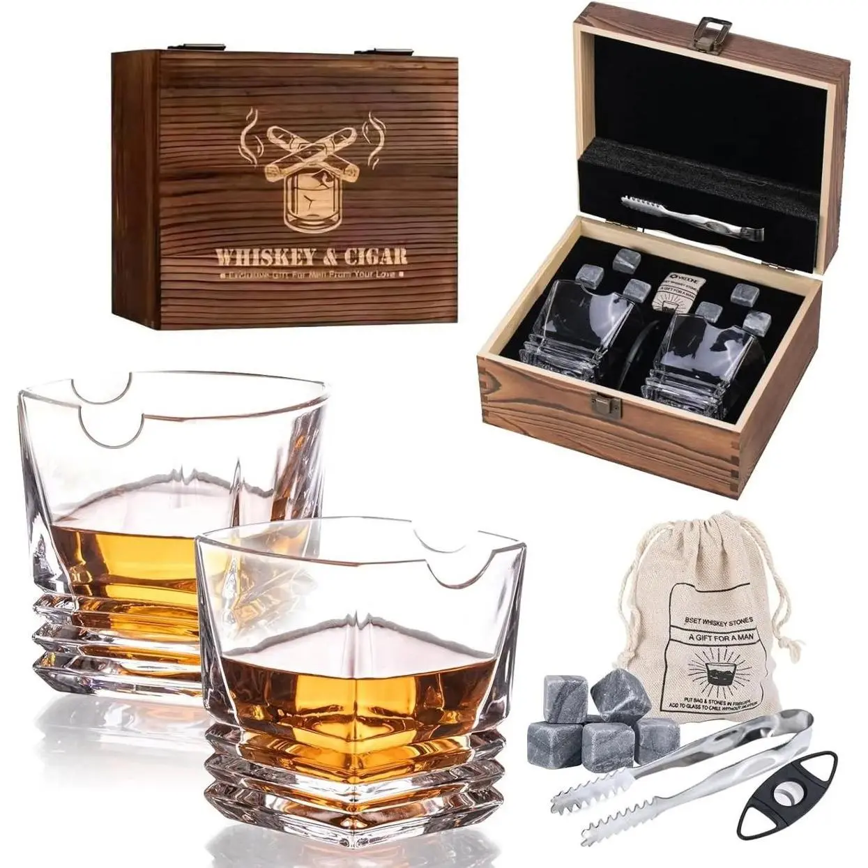 Whiskey Glasses Gift Set Square Old Fashioned Crystal Glass, Whiskey Stone, Tongs, Burlap Bag, Premium Rocks Glass, for Brandy, Vodka, Bourbon, Gifts for Men, Dad, Husband