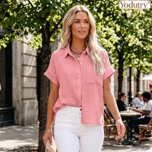 Yodutry|Linen Blend Button-Down Shirt Rolled Short Sleeve Casual Blouse  Oversized Collared Work Top  Chest Pocket Linen Shirt Breathable Summer Office Blouse Side Slit Relaxed Fit TopVersatile Everyday Linen Shirt